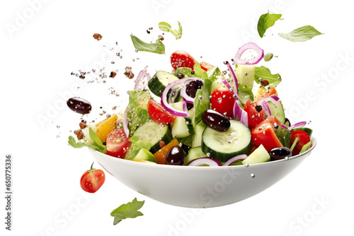 Fresh Greek salad ingredients dropped into bowl on a white background studio shot
