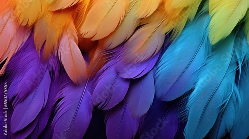 Close-up of colourful bird feathers print background. Parrot feathers backdrop for fashion, textile, print, banner © eireenz