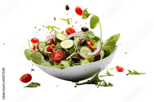 Fresh Greek salad ingredients dropped into bowl on a white background studio shot