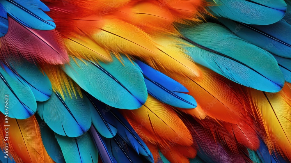 Obraz premium Close-up of colourful bird feathers print background. Parrot feathers backdrop for fashion, textile, print, banner