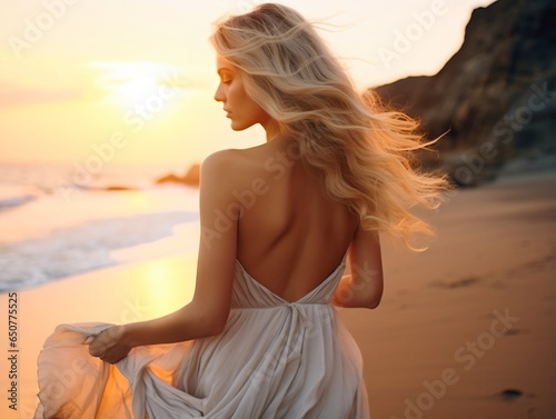 Outdoor fashion portrait of beautiful sensual lady wearing stylish maxi chiffon dress posing at sunset in the beach, have long blonde hairs bright make up and accessorizes