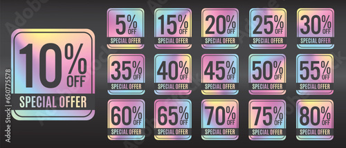 Holographic sticker with 5%, 10%, 15%, 20%, 25%, 30%, 35%, 40%, 45%, 50%, 55%, 60%, 65%, 70%, 75%, 80% off special offer stickers for sale and discount promotions