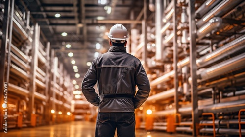 A warehouse man looks at the shelves with his back turned
