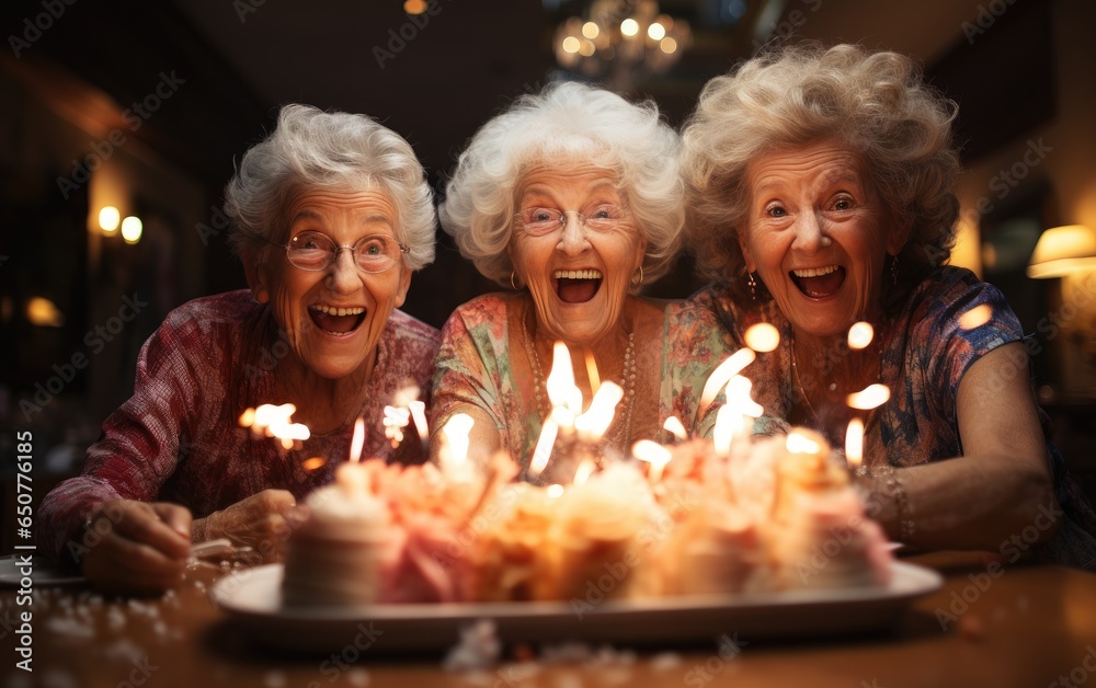 Happy senior women friends celebrating a birthday. Generative AI