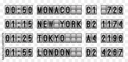 Airport scoreboard with time and city destination on a black background. Airport mechanical scoreboard font with special symbols