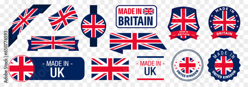 Made in Britain badges with UK flag. Made in UK label collection. Set of made in United Kingdom