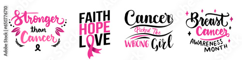 Breast cancer awareness calligraphy text emblems with pink ribbons. Breast cancer awareness text quote collection. Breast cancer awareness month typography