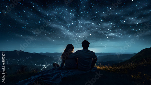 Foto Intimate view of a couple on a hill stargazing and pointing out star constellati