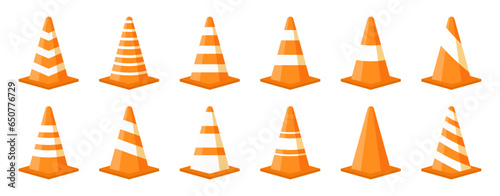 Orange construction or traffic cone collection in a flat design. Cartoon caution construction cone. Traffic cone set