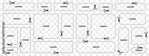 Coupon frame template with scissors icons. Dashed line with scissors. Coupon cut out scissors icons