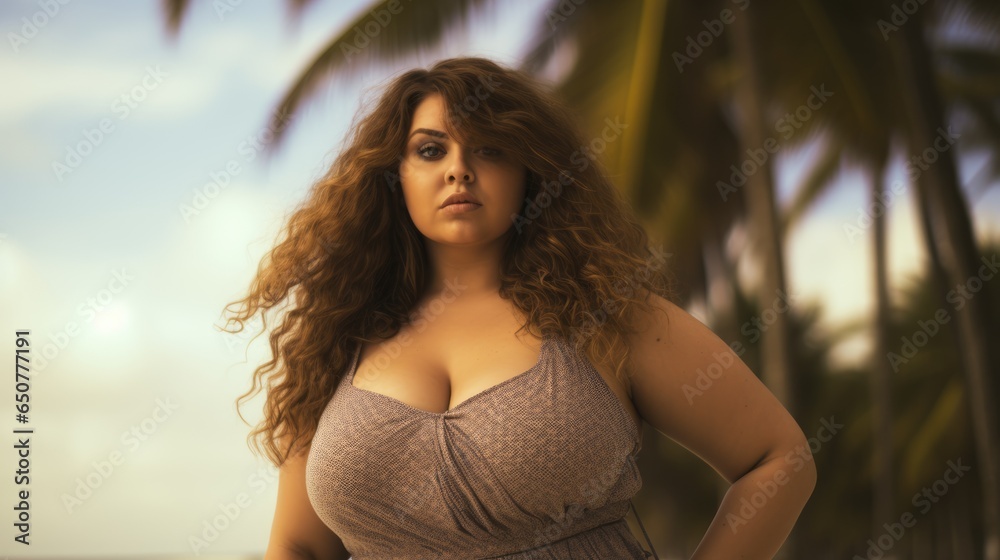 Beautiful and confident plus size woman having fun at the beach. - obrazy, fototapety, plakaty 