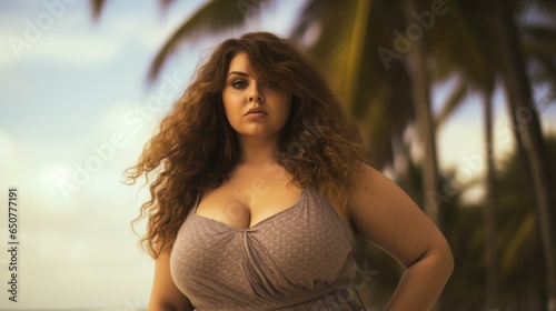 Beautiful and confident plus size woman having fun at the beach.