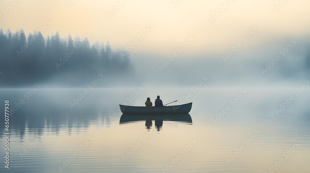 Serene lakeside scene with a couple rowing a boat together surrounded by misty morning fog in tranqulity