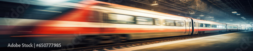 Blurred capture of a modern train powering through a station.