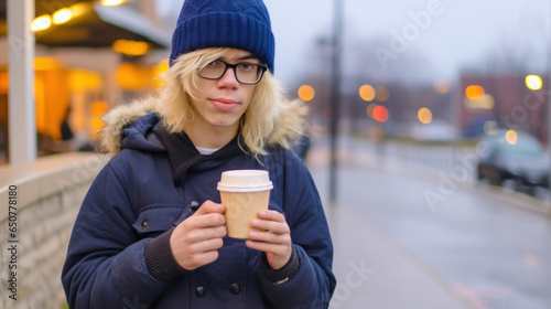 Blonde man holding a cardboard coffee cup