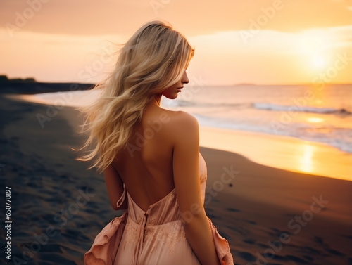 Outdoor fashion portrait of beautiful sensual lady wearing stylish maxi chiffon dress posing at sunset in the beach, have long blonde hairs bright make up and accessorizes photo