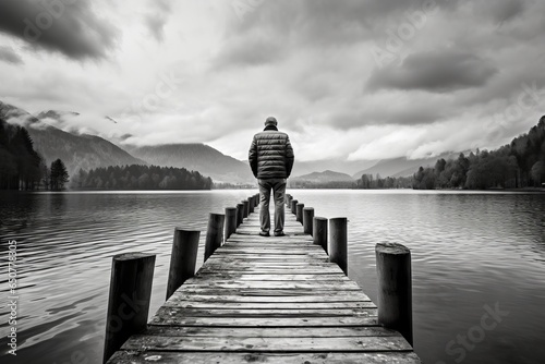 A lonely man standing in jetty with a beautiful view of the lake from behind in style of black and white background, Reflective Or Contemplative Concept. 