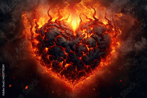 Broken Heart in Fire valentines Sadmess, Generative AI photo