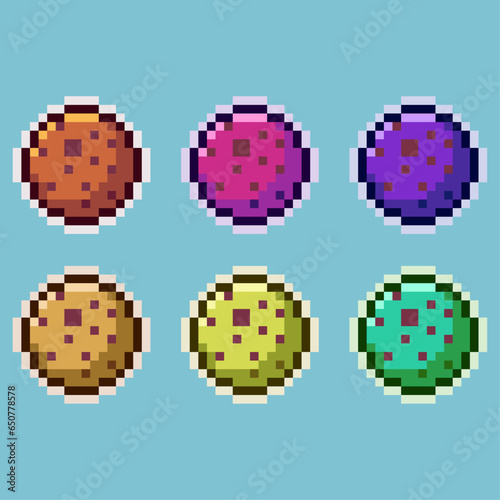 Pixel art sets of cake cookie food with variation color item asset. simple bits of cookie sweet food on pixelated style 8bits perfect for game asset or design asset element for your game design asset