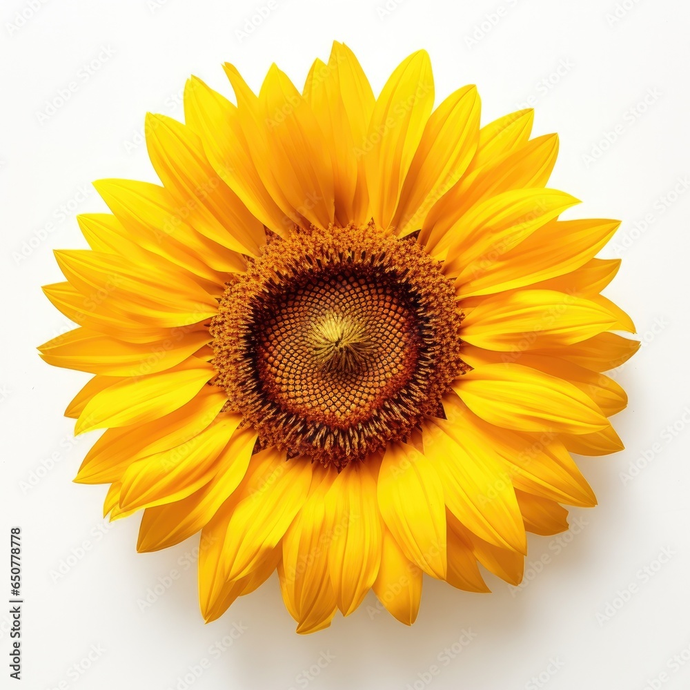 Fototapeta premium One Sunflower flower isolated on white background, top view. Floral flowers pattern.