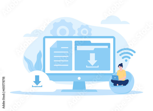 Downloading file on device screen concept flat illustration