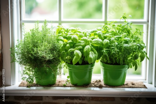 Fresh green herbs basil rosemary and coriander in pots placed on a window frame