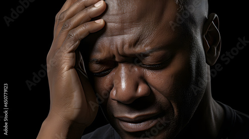 Close-up of a black man painfully holding his head with his hand while experiencing sharp headaches and migranes