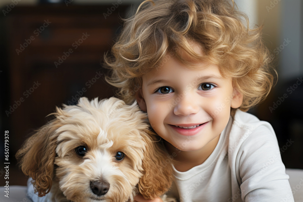 Portrait of cute kid boy with hug a fluffy puppy with love and happiness Portrait of cute kid boy with hug a fluffy puppy with love and happiness