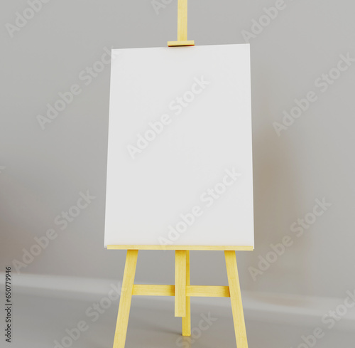 Close-up wooden easel with blank canvas on light background. Space for text. Wooden easel with free space ready for your advertisements and presentations.