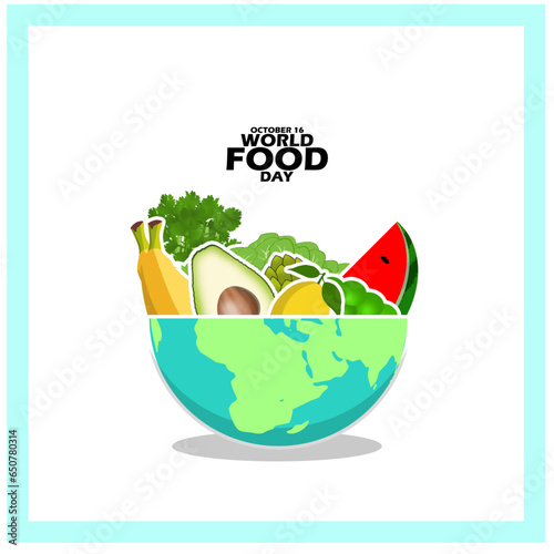 Fruits and vegetables in earth shaped bowl with bold text in frame on white background to commemorate World Food Day on October 16