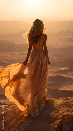 Beautiful young woman in the desert at sunset. Beautiful girl in a long dress