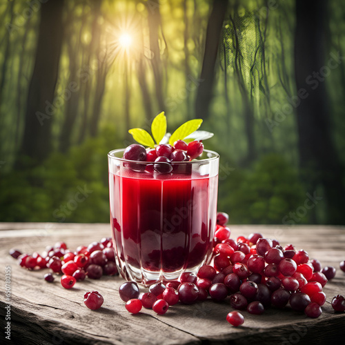 A glass of fresh delicious juice and barberry berries on the backdrop of a dawn forest