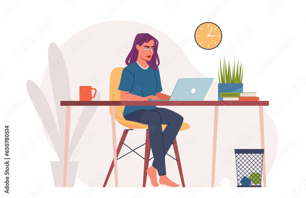 Young woman is working on a laptop from home. Remote work. Modern flat cartoon illustration isolated on white background