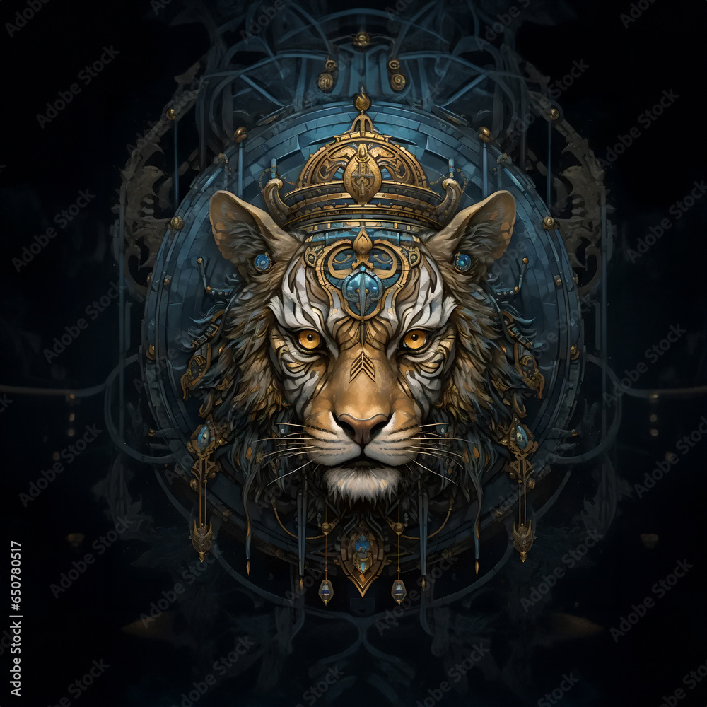 Mystical tiger head with crown on dark background. Ethereal animal. Tiger face