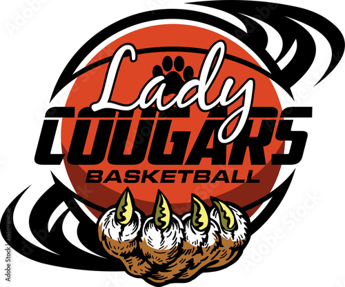 lady cougars basketball team design with paw print inside ball for school, college or league sports