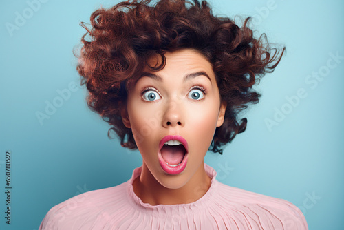 Portrait of shocked or surprised woman on pastel blue background photo