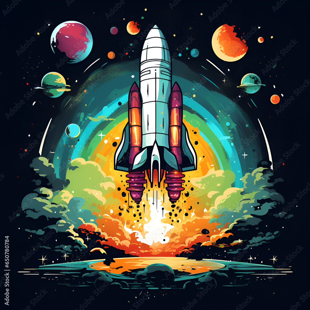 Obraz premium Colorful artistic image of a rocket hurtling into the sky, space, beautiful galaxy.