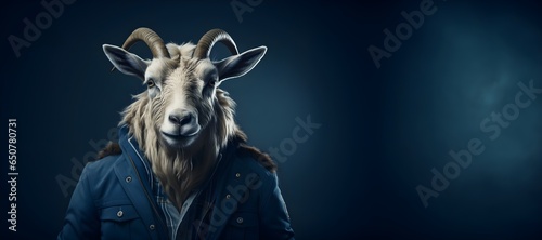  goat wearing a blue jacket and a scarf , copy space. generative ai 