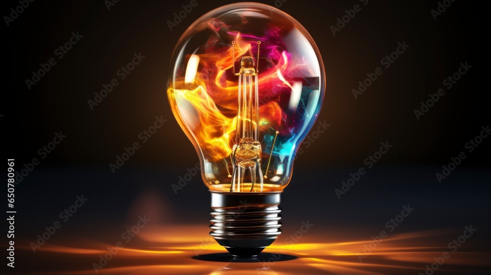 Illustration of a light bulb with different colored gases on a black background representing creativity Illustration of a light bulb with different colored gases on a black background representing creativity