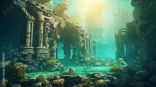  Sunken city with ancient ruins, dramatic and mysterious