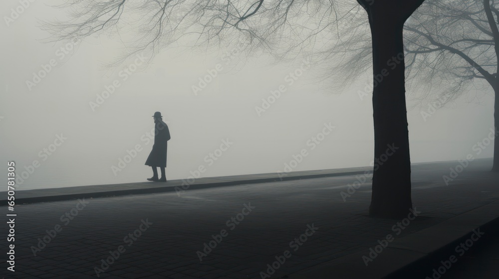 Foggy street with a lone person walking in black and white colors