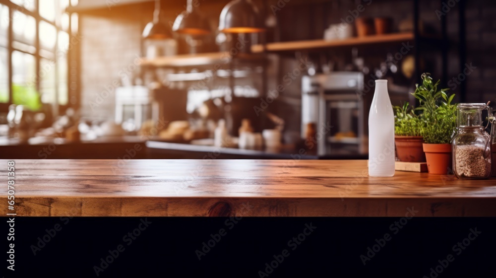 Empty wooden table for displaying products with the kitchen in the background blurred