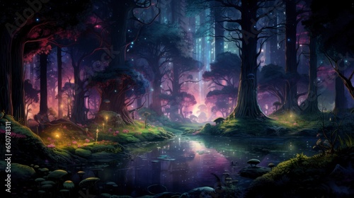 Night art of a magical forest with glowing trees