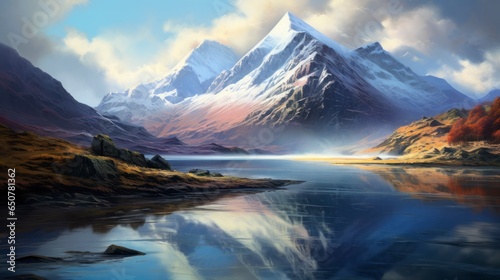 Illustration of large snow-capped mountains reflected in the calm water of a lake