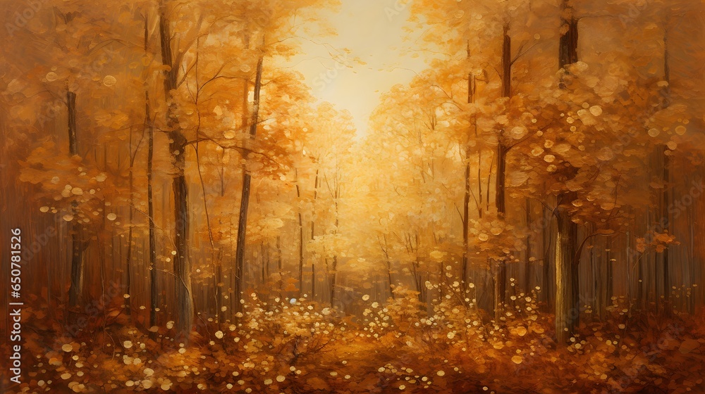 Autumn forest with golden leaves. Abstract nature background. 3d render