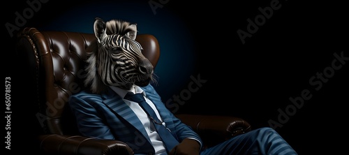 portrait of a zebra wearing a suit and tie, copy space. generative ai
