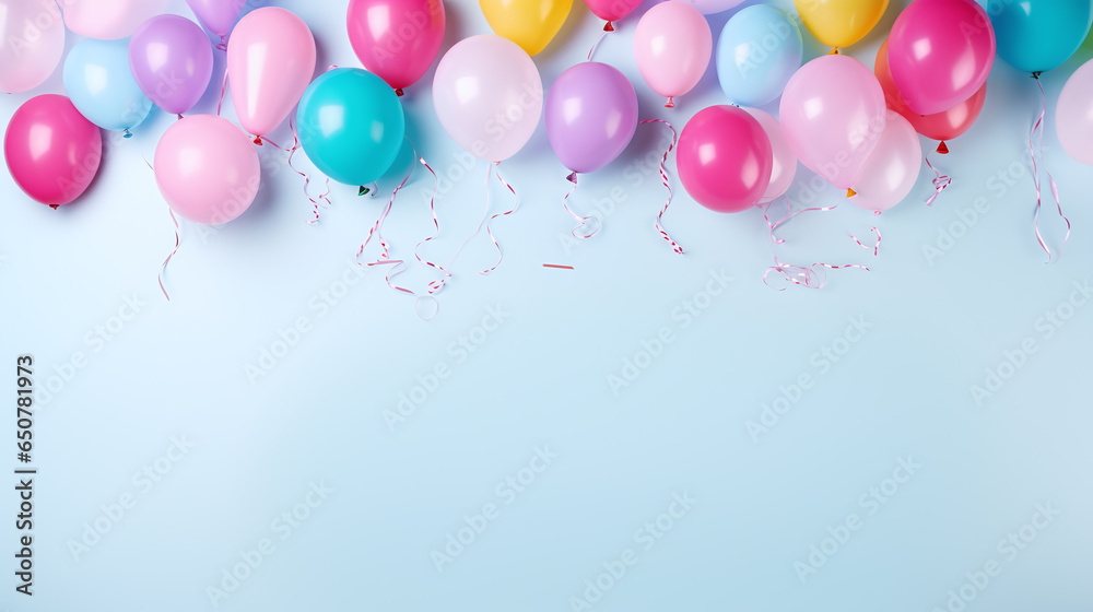 Colorful baloon on pastel blue background with copy space.