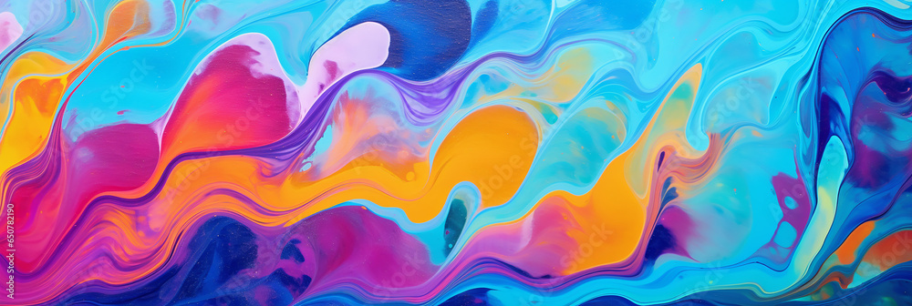 Abstract marbled acrylic paint ink painted waves painting texture colorful background banner, Bold colors rainbow color wave