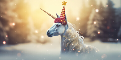 Wandcirkels Eenhoorn white horse  unicorn fairytale with santa hat  in a dreamlike christmas festive  scene , vibrant light background  © aledesun