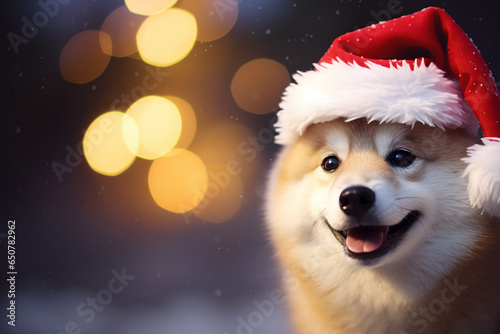 a cutedog in santa hat in a vibrant light festive background photo